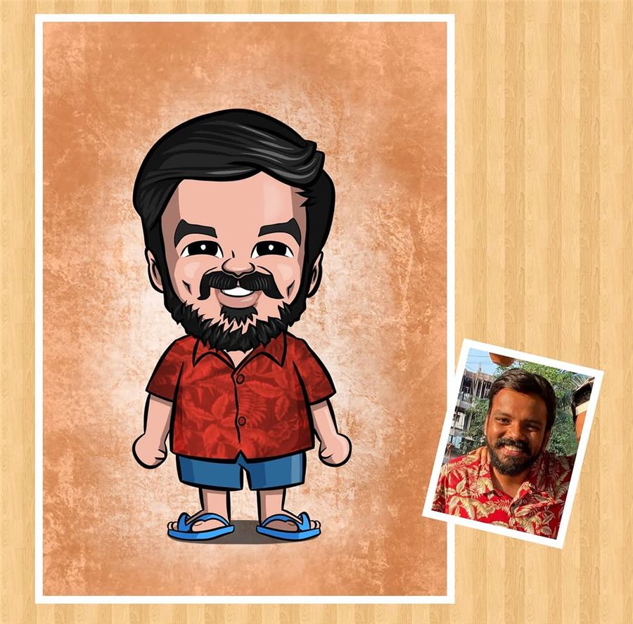 Full-body chibi caricature of a man in a Hawaiian shirt and shorts, with his reference photo inset