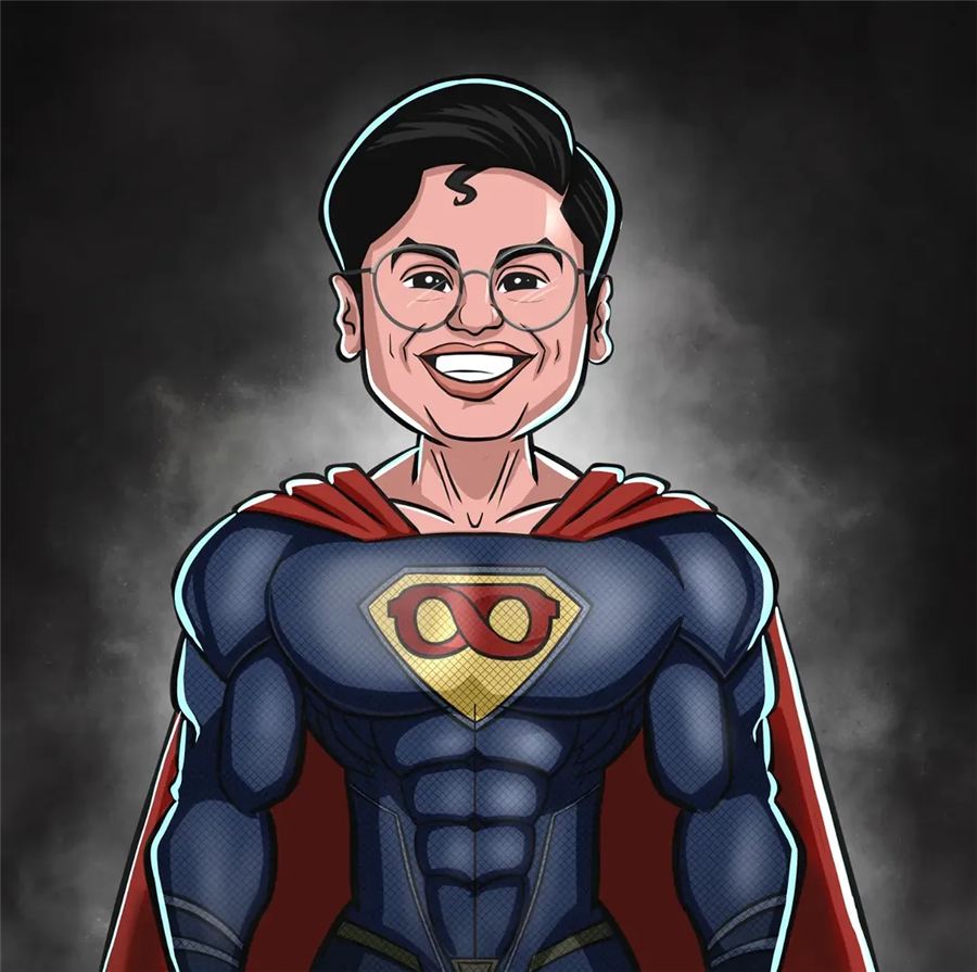 Caricature of a smiling man in glasses drawn as a superhero