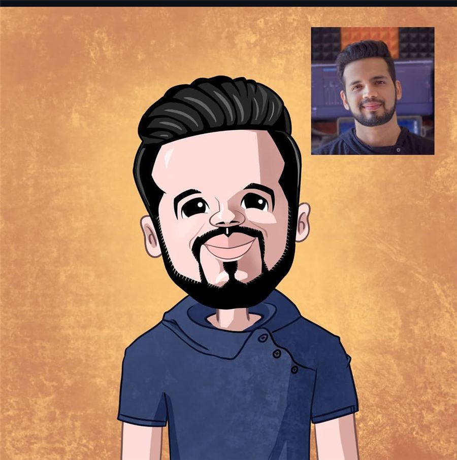 Caricature of a man with a pompadour hairstyle, with the reference photo inset