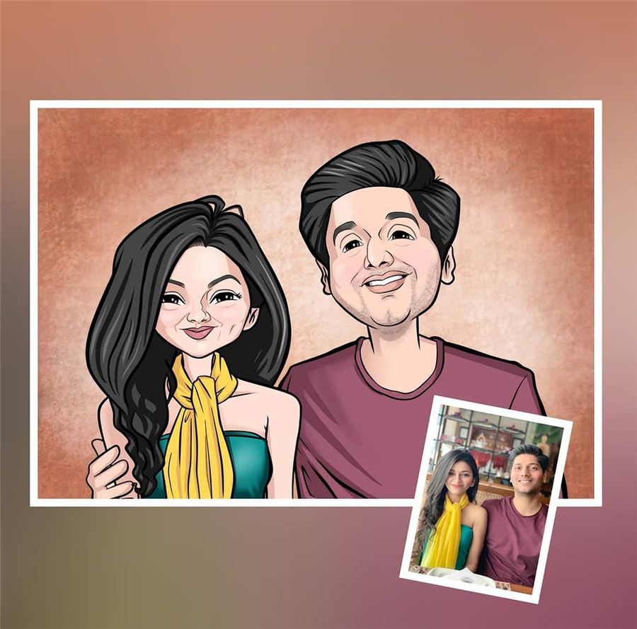 Caricature of a couple, with their reference photo inset