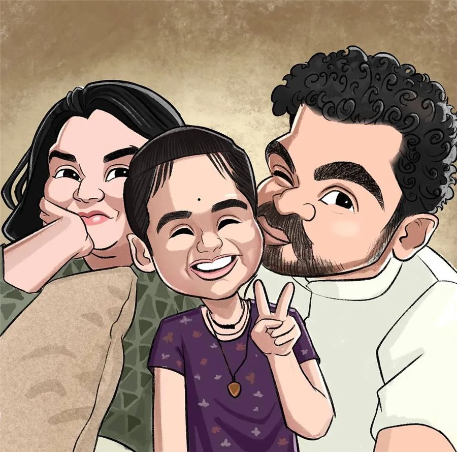 Warm family caricature: parents and a child flashing a peace sign