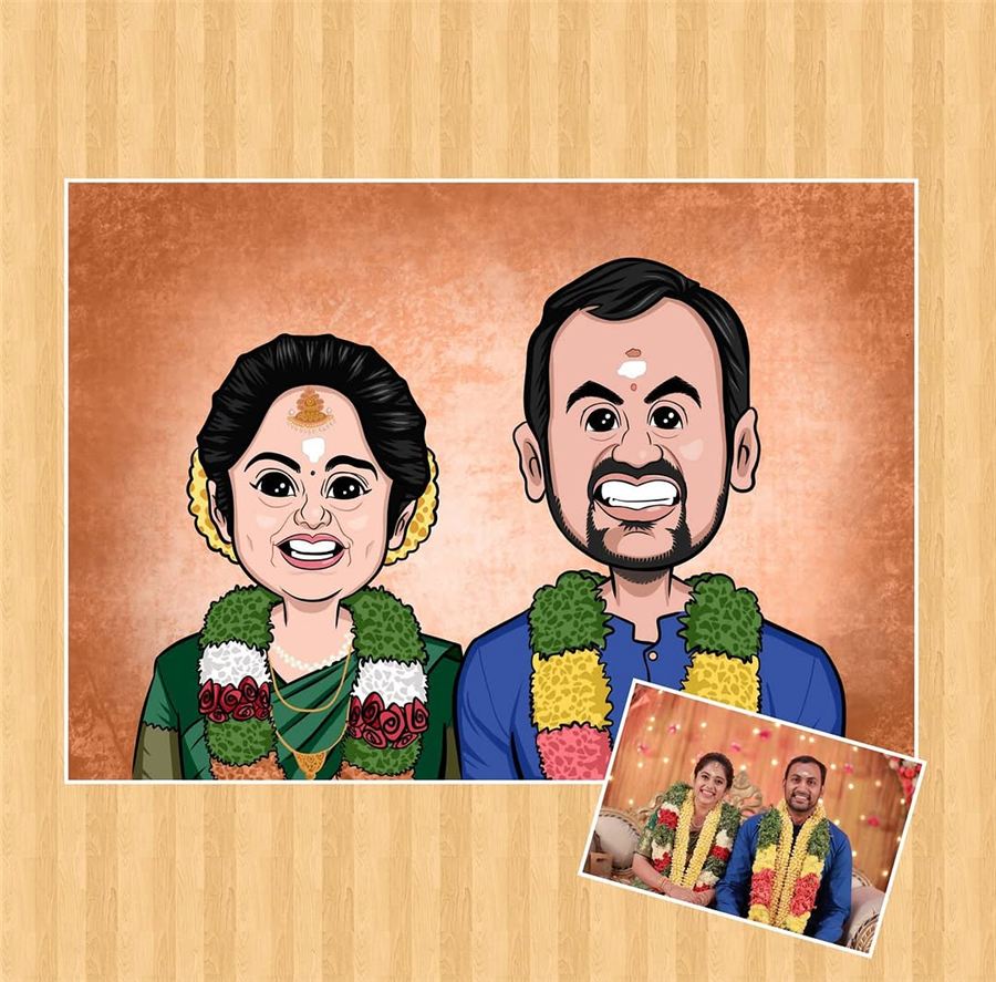 Caricature of a couple in traditional wedding attire with garlands, reference photo inset