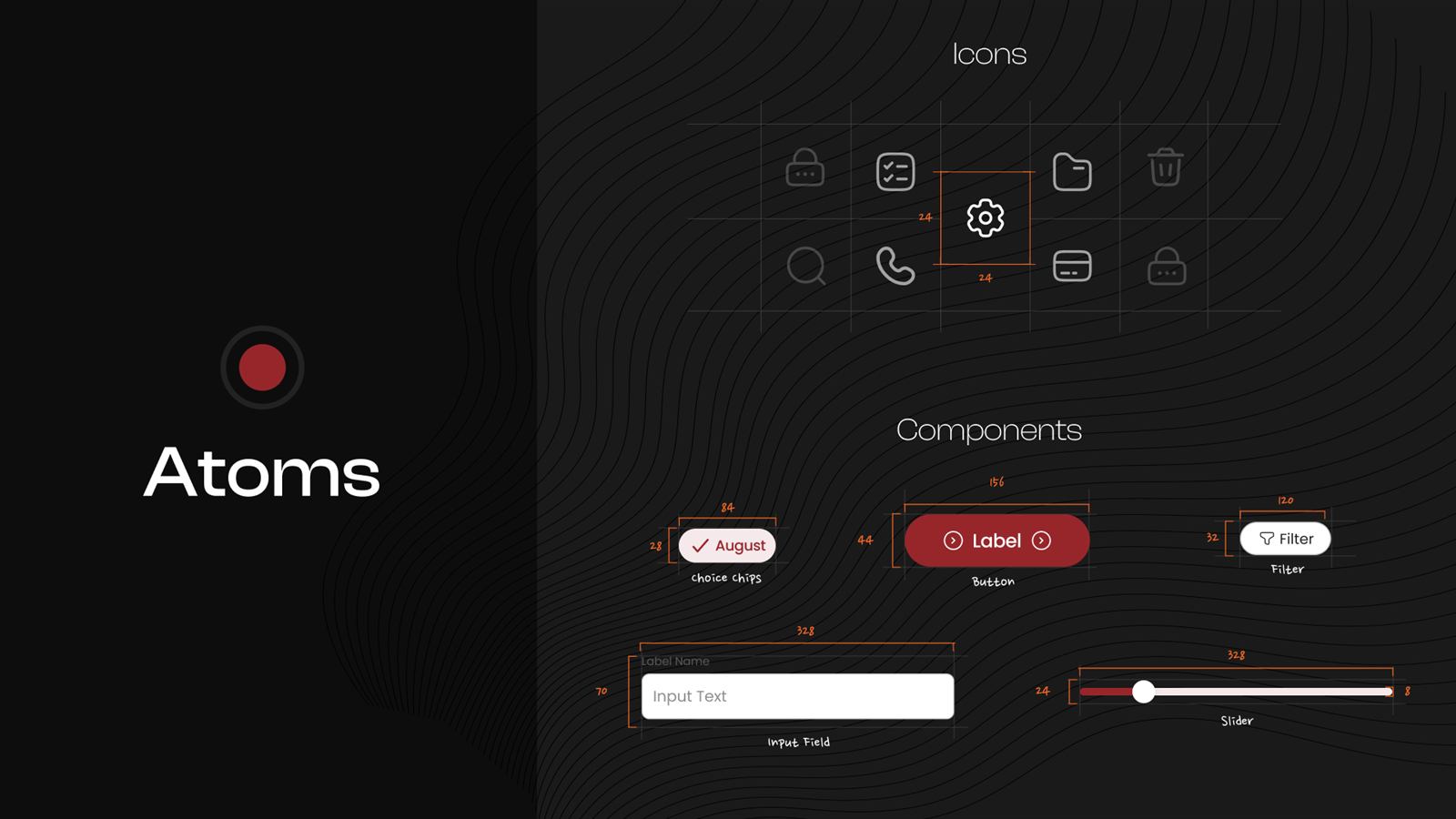 Atomic design system slide showing icon grid specifications and measured components: chips, buttons, filters, input fields, sliders