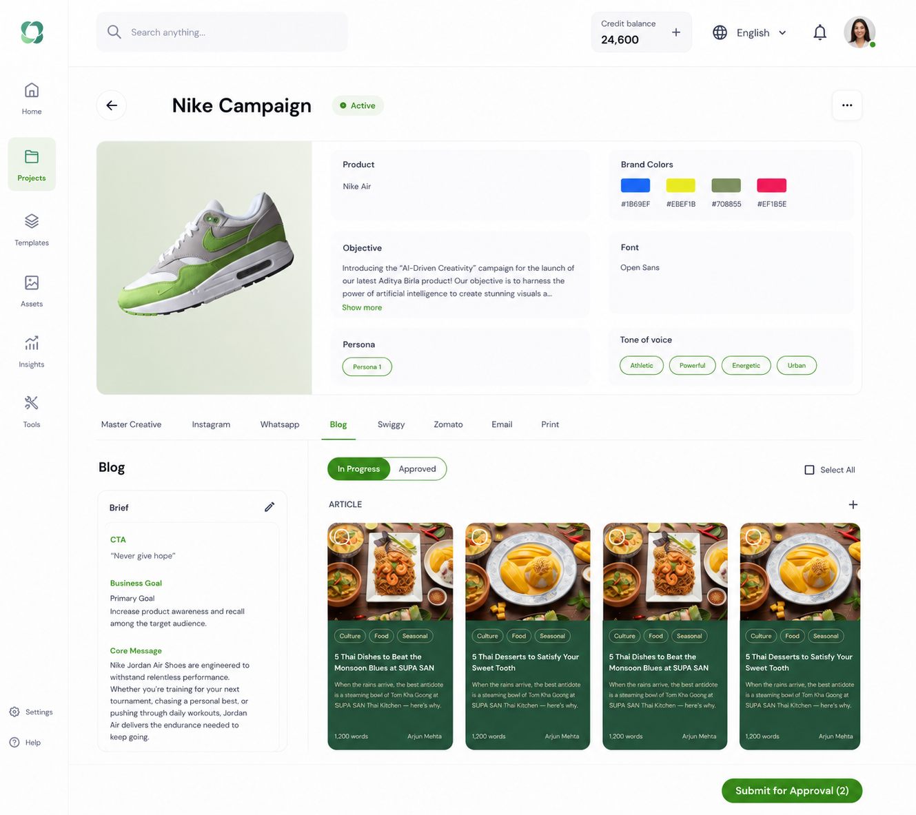 Blog content tab showing four AI-generated article cards, each on-brand, awaiting approval