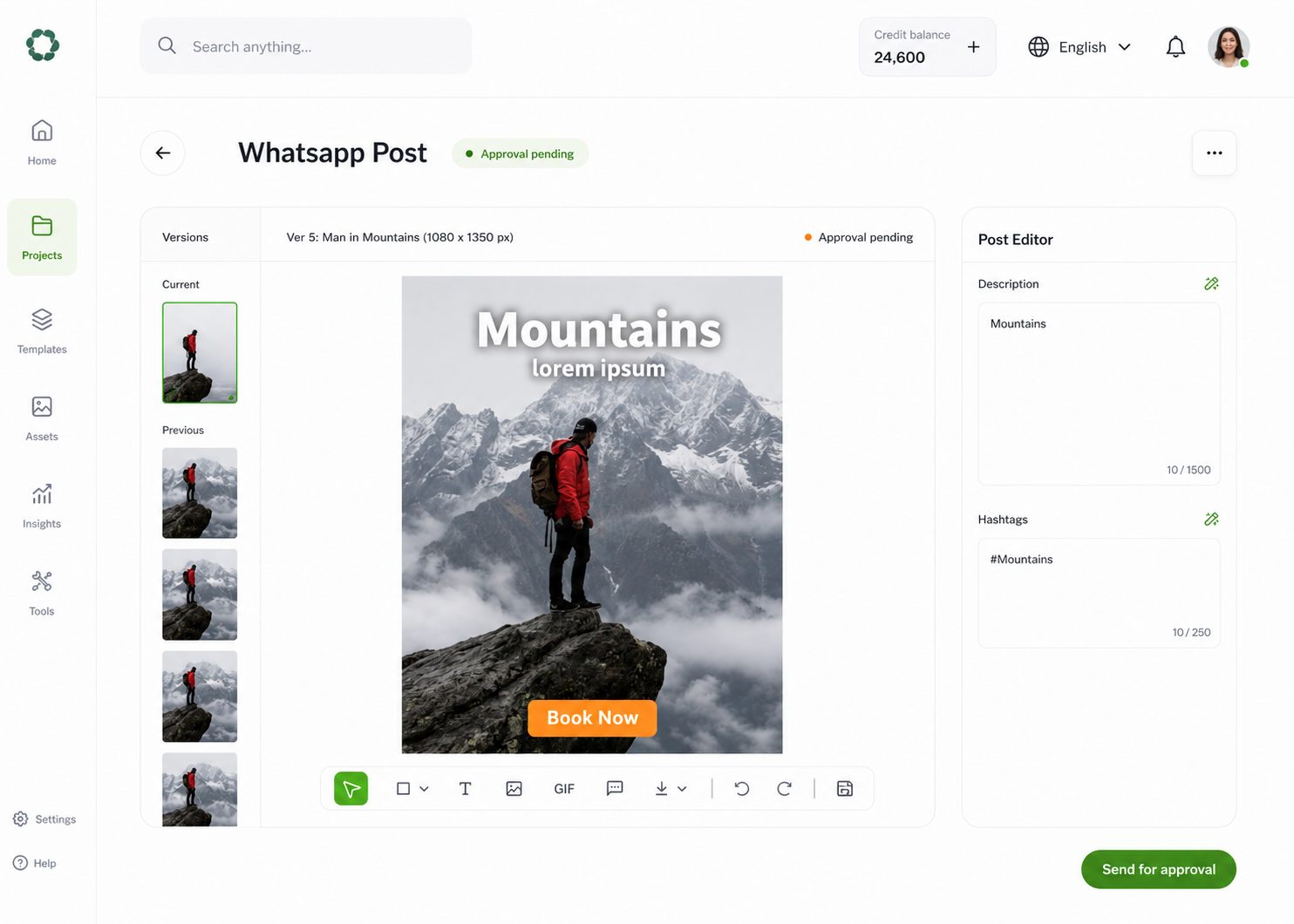 In-context post editor showing version history and an editable description and hashtag panel for a single generated asset