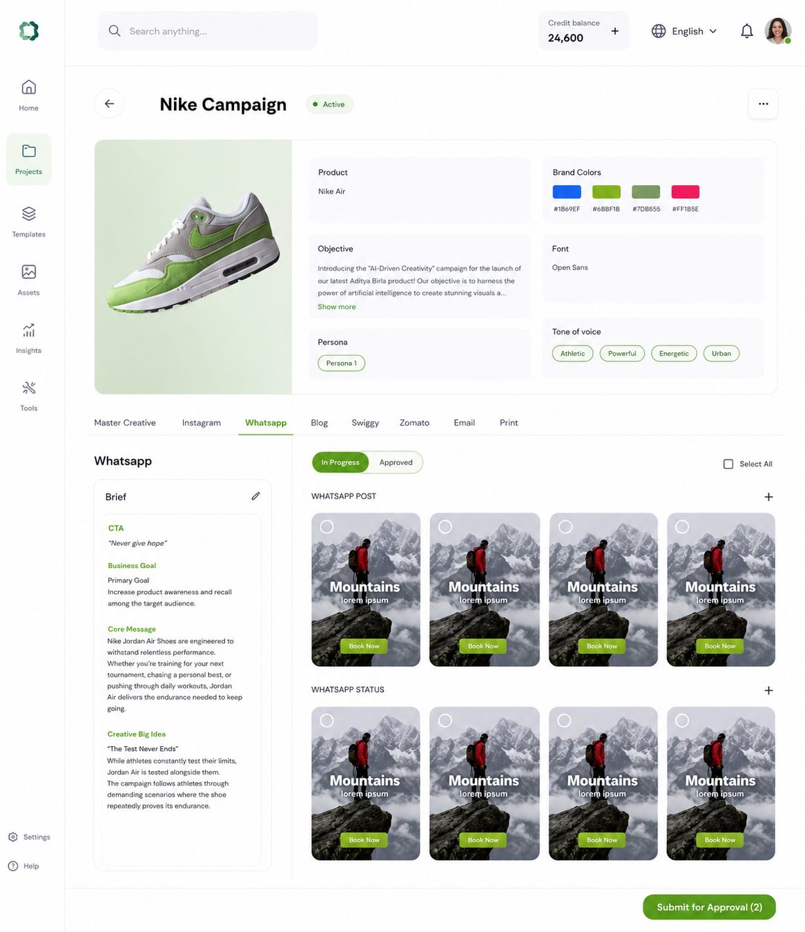 Campaign detail screen: product, objective, persona, brand colors with hex values, font, and tone-of-voice chips (athletic, powerful, energetic, urban), with channel tabs for Instagram, WhatsApp, blog, email and print, and a grid of generated WhatsApp posts awaiting approval