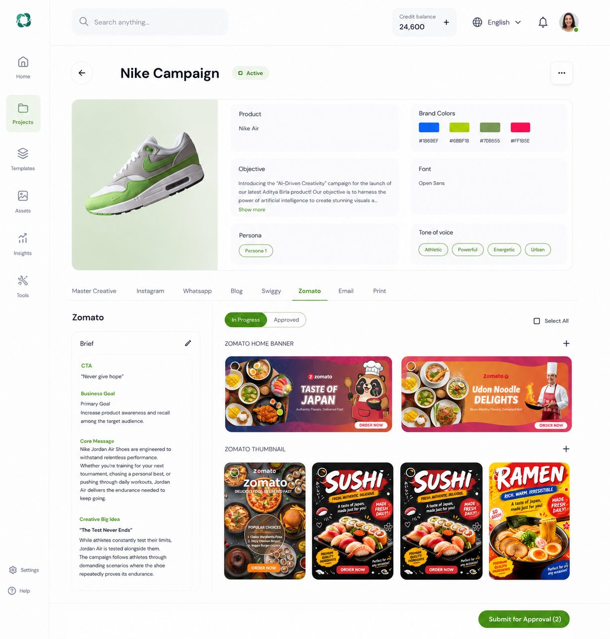 Content generation screen showing AI-generated Zomato banners and thumbnails, on-brand by construction
