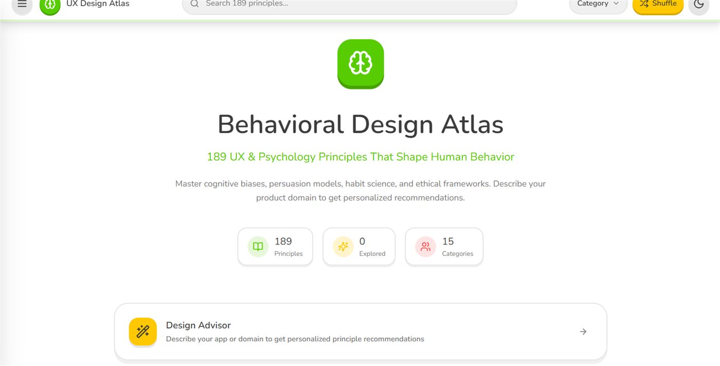 Behavioral Design Atlas home screen: search bar over 189 principles, category filter, shuffle action, stat tiles for principles/explored/categories, and the Design Advisor recommendation card