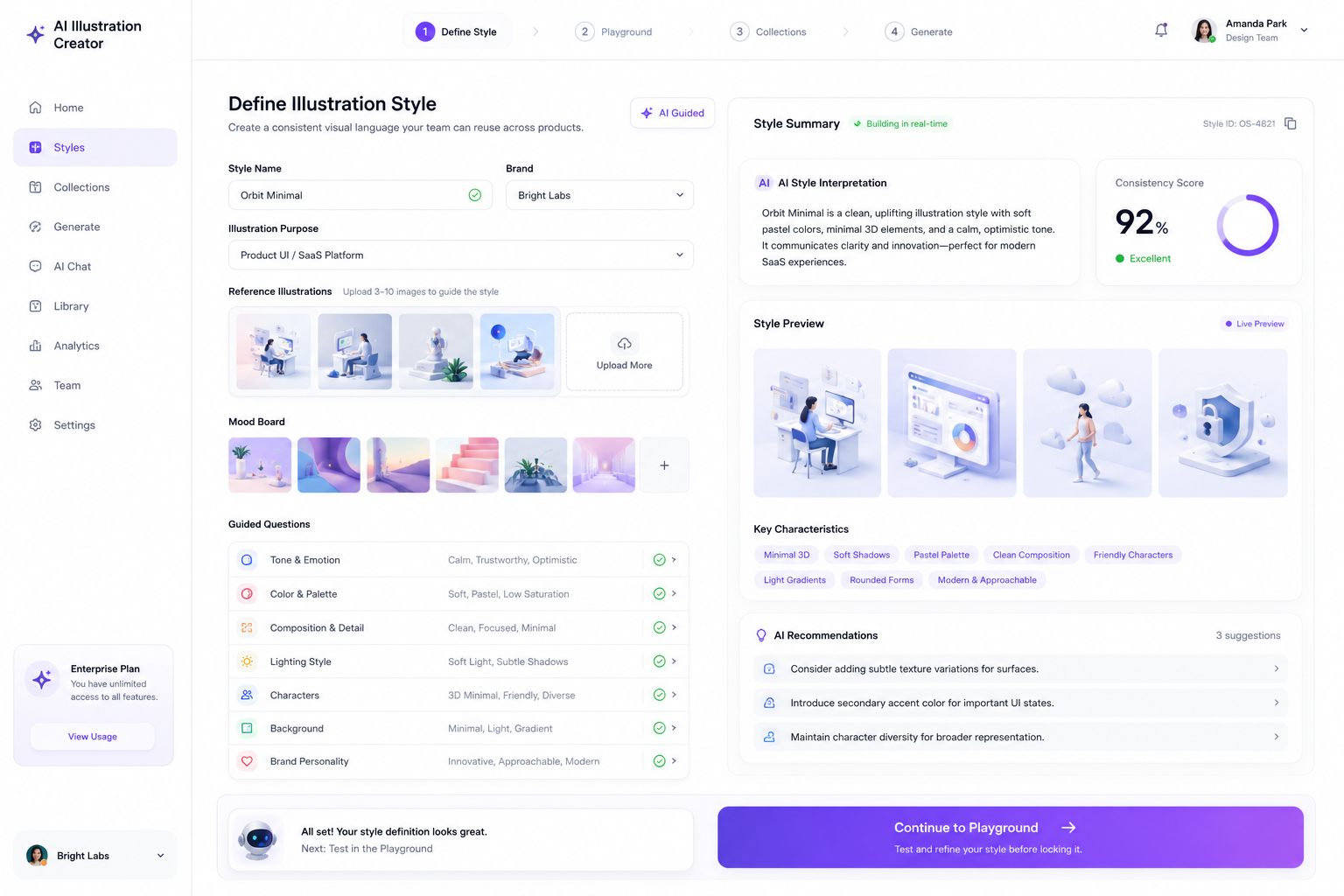 Define Illustration Style screen: reference uploads, a mood board, guided questions, and a live AI-built style summary with a 92% consistency score