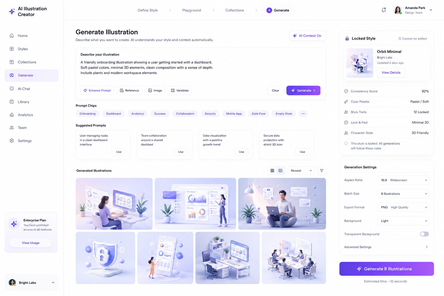 Generate screen: a prompt field with suggested prompts and prompt chips, a saved-preset panel reading 'Cannot be edited', and a grid of eight generated illustrations that all share one consistent style