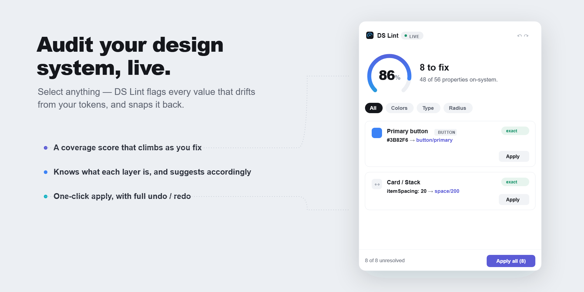 Design System Lint plugin panel running a live audit: detached elements listed by type with counts and a bulk-fix action
